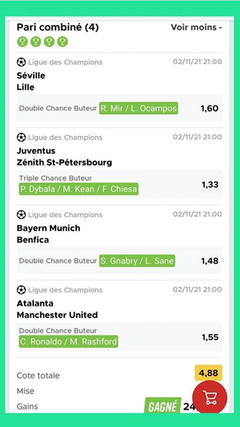 Ticket gagnant - Pari combiné 4 pronostics