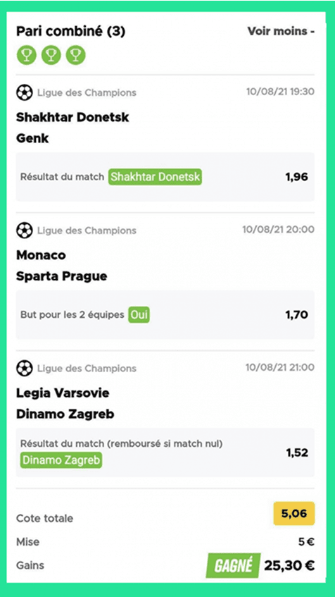 Ticket gagnant - Pari combiné 3 pronostics - 25,30€